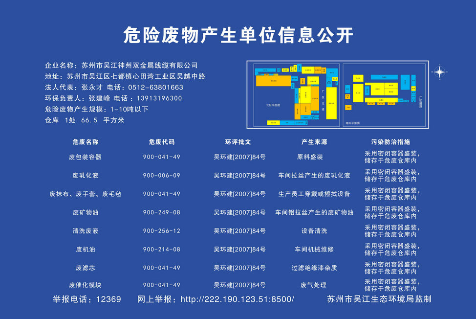 蘇州市吳江神州雙金屬線纜有限公司危險(xiǎn)廢物產(chǎn)生單位信息公開